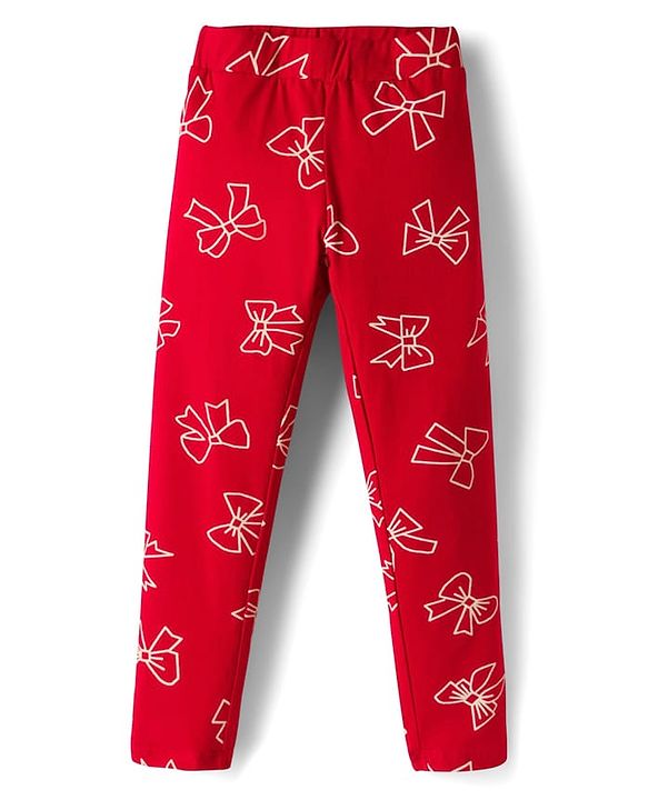 Pine Kids Cotton Lycra Knit Full Length Leggings With Bow Print - Red