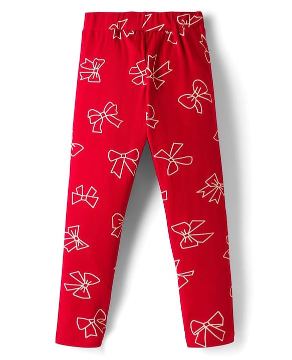 Pine Kids Cotton Lycra Knit Full Length Leggings With Bow Print - Red