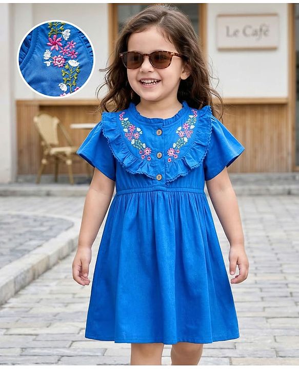 Babyhug 100% Cotton Woven Half Frill Sleeves Frock With Floral Embroidery - Blue