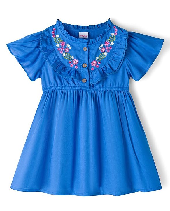 Babyhug 100% Cotton Woven Half Frill Sleeves Frock With Floral Embroidery - Blue