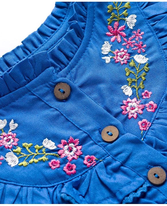 Babyhug 100% Cotton Woven Half Frill Sleeves Frock With Floral Embroidery - Blue