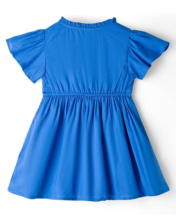 Babyhug 100% Cotton Woven Half Frill Sleeves Frock With Floral Embroidery - Blue