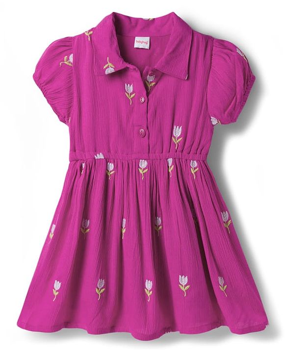 Babyhug Cotton Woven Half Puffed Sleeves Frock With Floral Embroidery - Purple