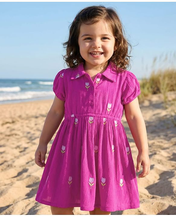 Babyhug Cotton Woven Half Puffed Sleeves Frock With Floral Embroidery - Purple