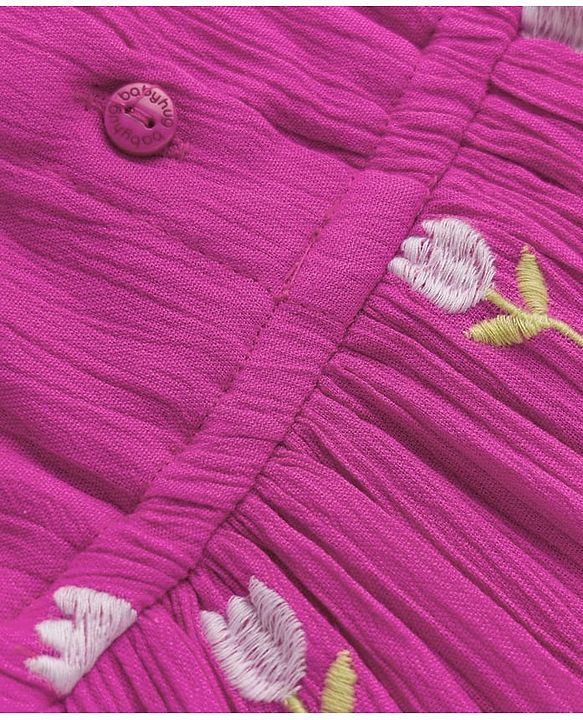 Babyhug Cotton Woven Half Puffed Sleeves Frock With Floral Embroidery - Purple