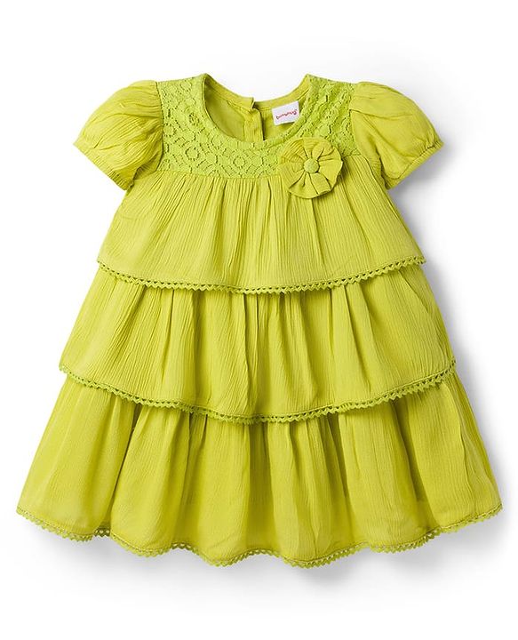 Babyhug Cotton Woven Half Sleeves Layered Frock with with Floral Applique & Lace Detailing - Light Green