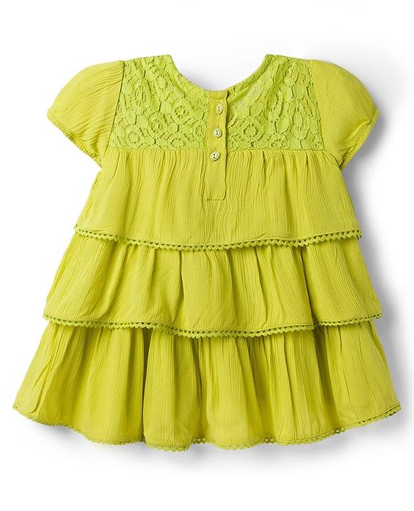 Babyhug Cotton Woven Half Sleeves Layered Frock with with Floral Applique & Lace Detailing - Light Green