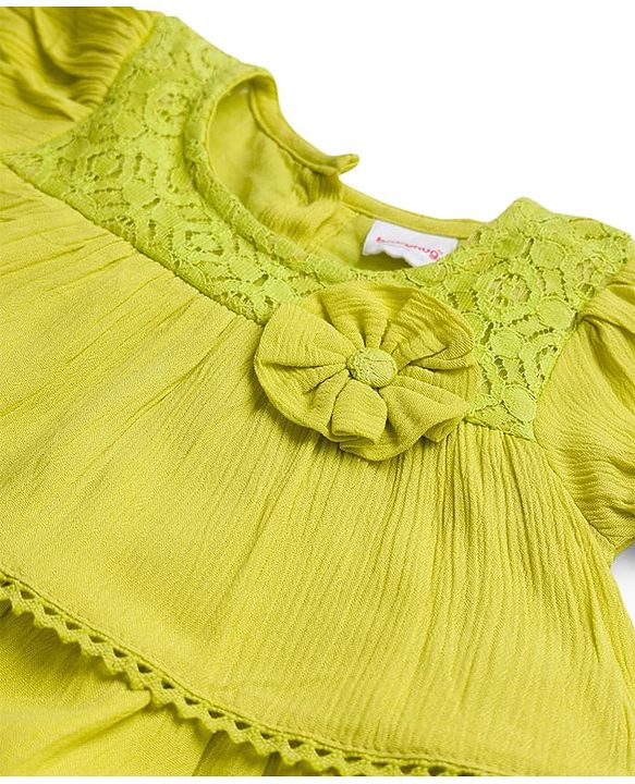 Babyhug Cotton Woven Half Sleeves Layered Frock with with Floral Applique & Lace Detailing - Light Green