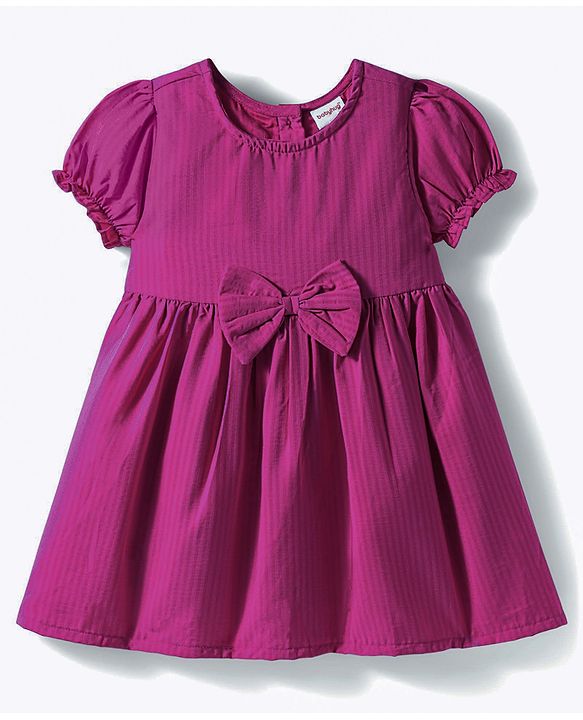 Babyhug Cotton Woven Half Puffed Sleeves Solid Colour A Line Frock with Bow Applique - Dark Pink