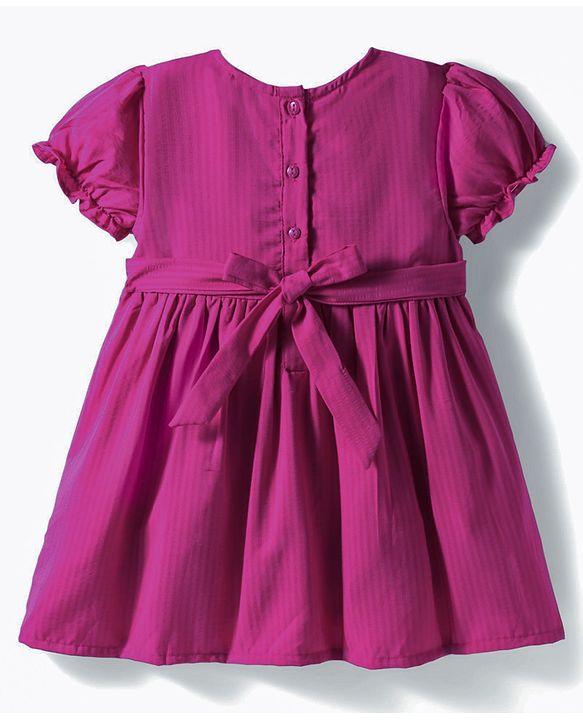 Babyhug Cotton Woven Half Puffed Sleeves Solid Colour A Line Frock with Bow Applique - Dark Pink