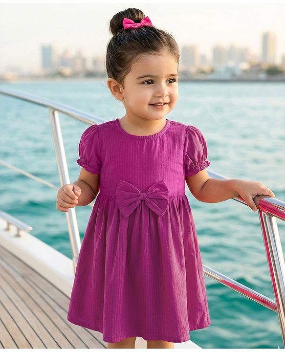 Babyhug Cotton Woven Half Puffed Sleeves Solid Colour A Line Frock with Bow Applique - Dark Pink