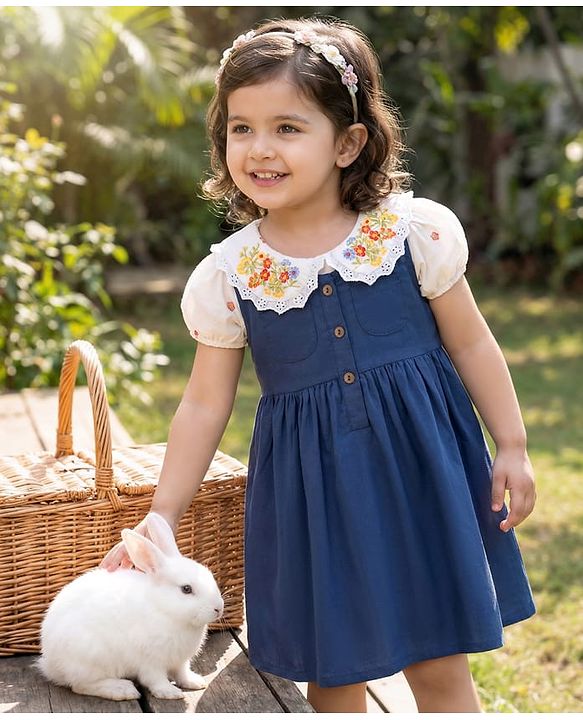 Babyhug 100% Cotton Woven Half Sleeves Frock & Inner Tee With Floral Embroidered - Blue