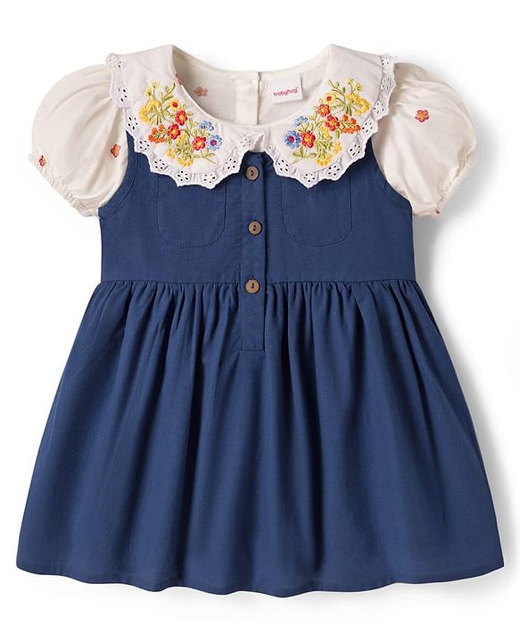 Babyhug 100% Cotton Woven Half Sleeves Frock & Inner Tee With Floral Embroidered - Blue