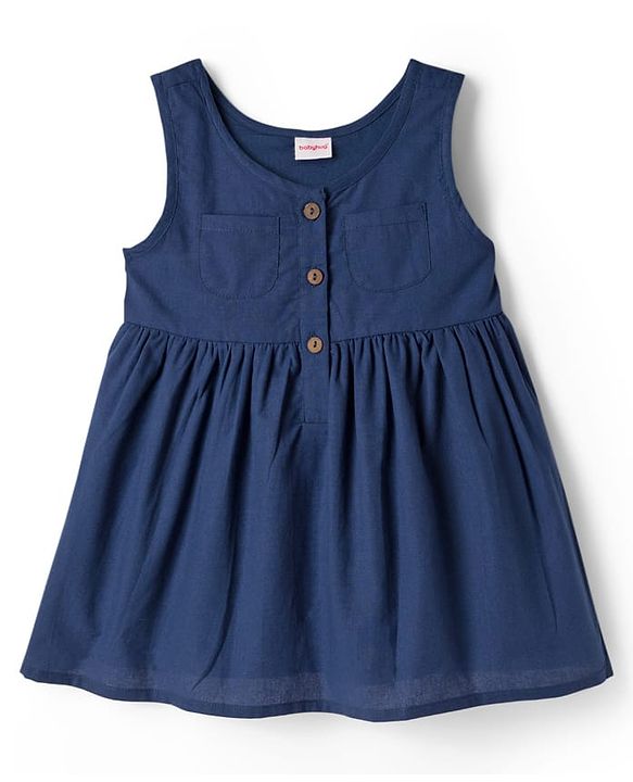 Babyhug 100% Cotton Woven Half Sleeves Frock & Inner Tee With Floral Embroidered - Blue