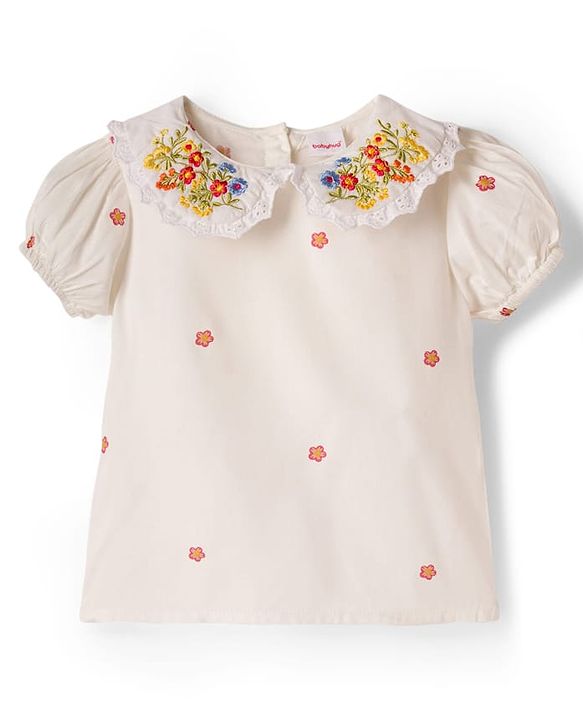 Babyhug 100% Cotton Woven Half Sleeves Frock & Inner Tee With Floral Embroidered - Blue