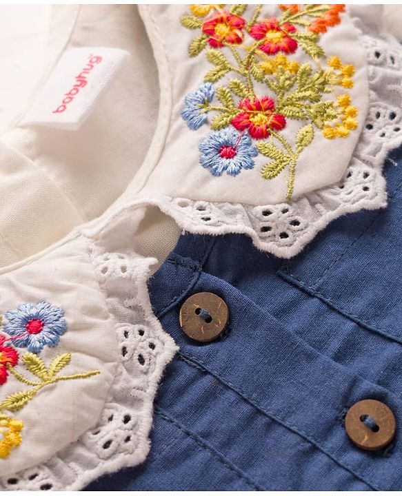 Babyhug 100% Cotton Woven Half Sleeves Frock & Inner Tee With Floral Embroidered - Blue