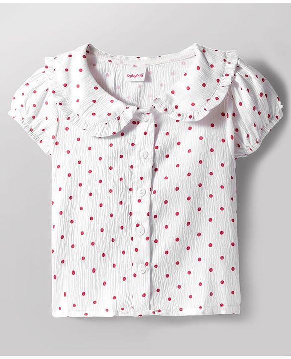 Babyhug Cotton Woven Half Puffed Sleeves Polka Dots Printed T-Shirt & Frock with Bow Applique - Red