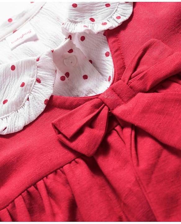 Babyhug Cotton Woven Half Puffed Sleeves Polka Dots Printed T-Shirt & Frock with Bow Applique - Red