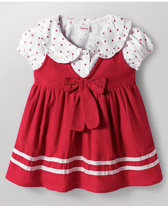 Babyhug Cotton Woven Half Puffed Sleeves Polka Dots Printed T-Shirt & Frock with Bow Applique - Red
