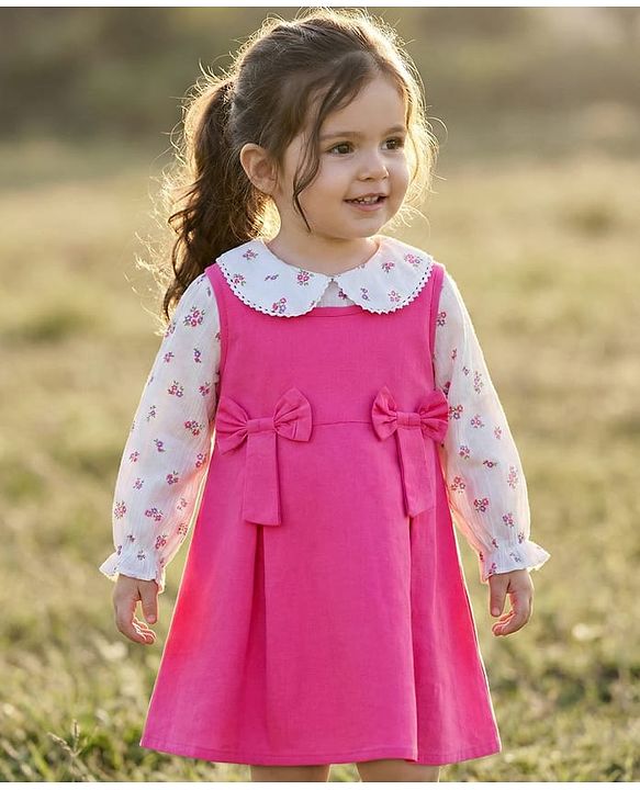 Babyhug Cotton Woven Frock & Full Sleeves Inner Tee With Floral Print & Bow Applique - Pink & White