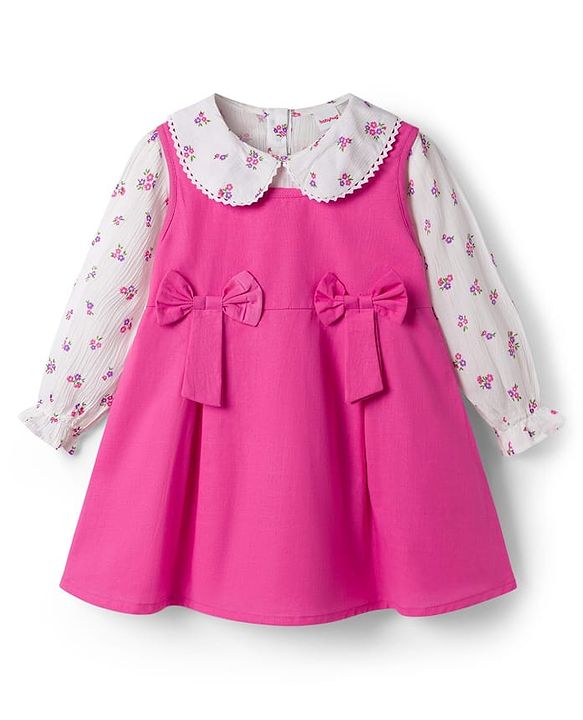Babyhug Cotton Woven Frock & Full Sleeves Inner Tee With Floral Print & Bow Applique - Pink & White