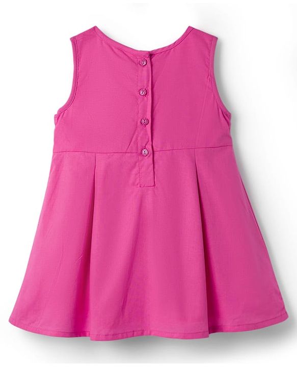 Babyhug Cotton Woven Frock & Full Sleeves Inner Tee With Floral Print & Bow Applique - Pink & White