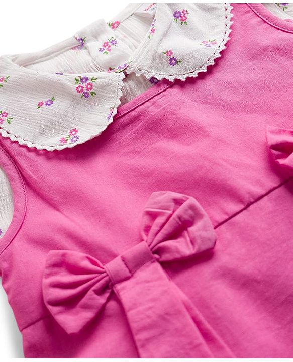 Babyhug Cotton Woven Frock & Full Sleeves Inner Tee With Floral Print & Bow Applique - Pink & White