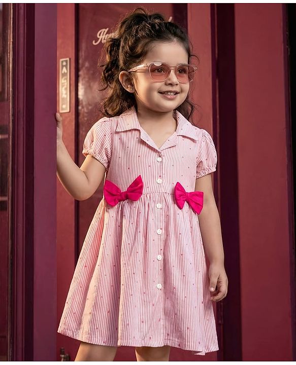 Babyhug 100% Cotton Woven Half Sleeves Striped & Polka Dots Printed Frock With Bow Applique - Pink