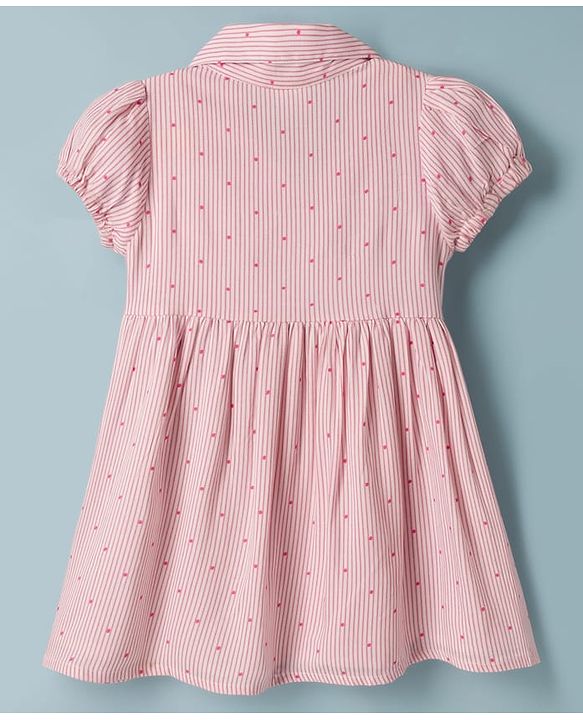 Babyhug 100% Cotton Woven Half Sleeves Striped & Polka Dots Printed Frock With Bow Applique - Pink