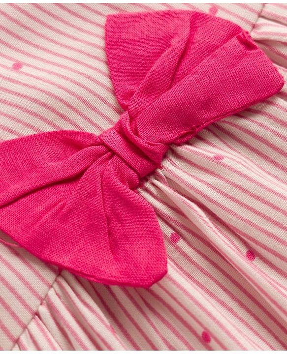 Babyhug 100% Cotton Woven Half Sleeves Striped & Polka Dots Printed Frock With Bow Applique - Pink