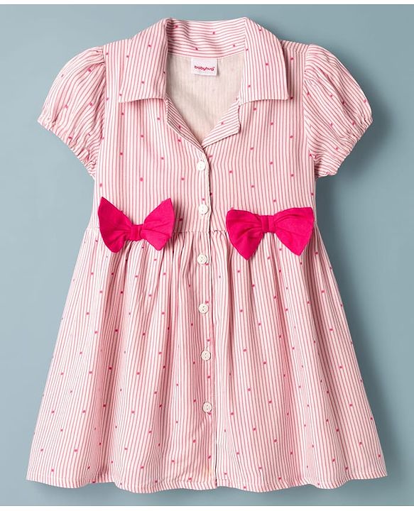 Babyhug 100% Cotton Woven Half Sleeves Striped & Polka Dots Printed Frock With Bow Applique - Pink