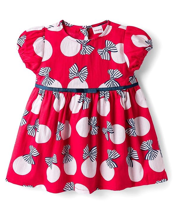 Babyhug Cotton Woven Half Sleeves Frock With Bow Print - Red