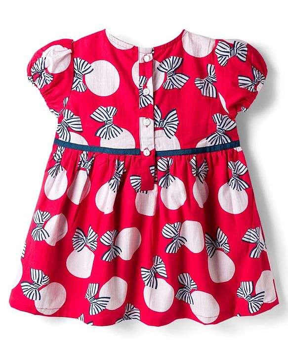 Babyhug Cotton Woven Half Sleeves Frock With Bow Print - Red