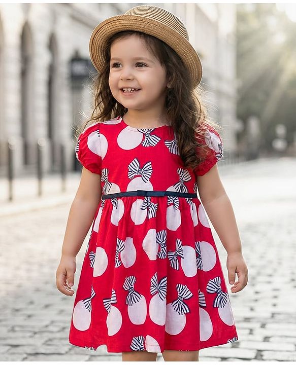 Babyhug Cotton Woven Half Sleeves Frock With Bow Print - Red