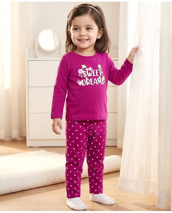 Babyhug Cotton Knit Full Sleeves T-Shirt & Pajama Night Suit with Sweet Dreams Print - Dark Pink