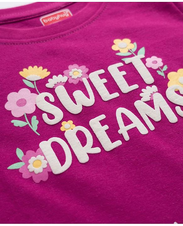 Babyhug Cotton Knit Full Sleeves T-Shirt & Pajama Night Suit with Sweet Dreams Print - Dark Pink