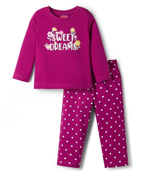 Babyhug Cotton Knit Full Sleeves T-Shirt & Pajama Night Suit with Sweet Dreams Print - Dark Pink