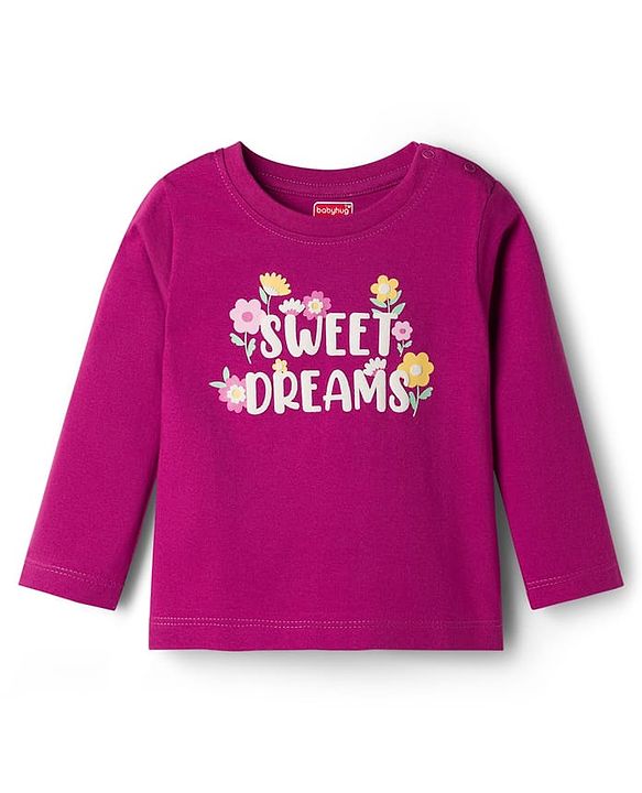 Babyhug Cotton Knit Full Sleeves T-Shirt & Pajama Night Suit with Sweet Dreams Print - Dark Pink