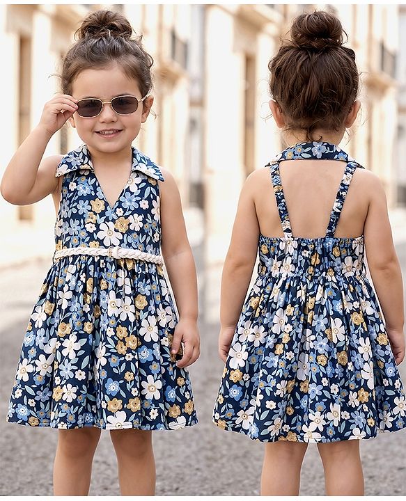 Babyhug 100% Cotton Woven Sleeveless Floral Printed Frock With Belt - Navy Blue