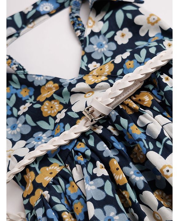 Babyhug 100% Cotton Woven Sleeveless Floral Printed Frock With Belt - Navy Blue