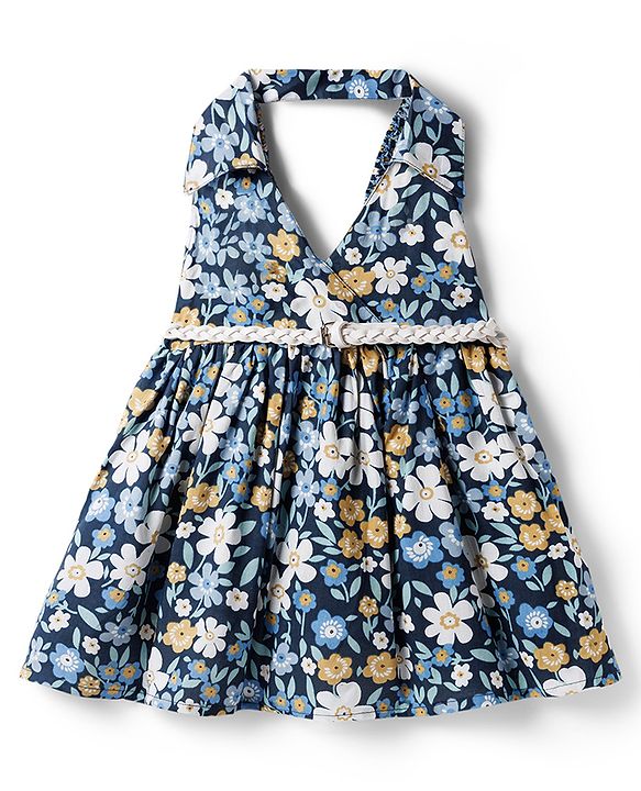 Babyhug 100% Cotton Woven Sleeveless Floral Printed Frock With Belt - Navy Blue