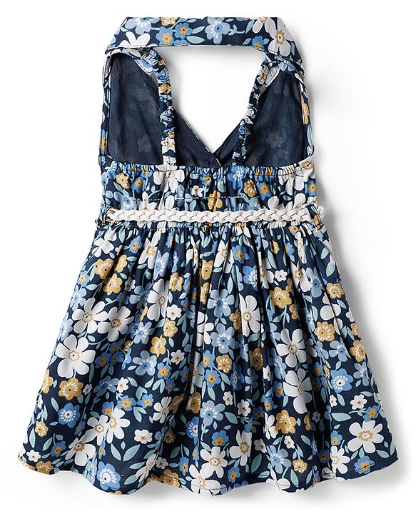 Babyhug 100% Cotton Woven Sleeveless Floral Printed Frock With Belt - Navy Blue