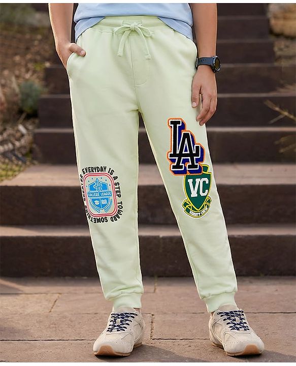 Pine Kids 100% Cotton Knit Full Length Lounge Pant With Text Print - Light Green