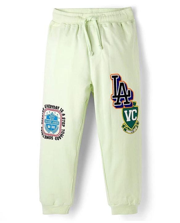 Pine Kids 100% Cotton Knit Full Length Lounge Pant With Text Print - Light Green