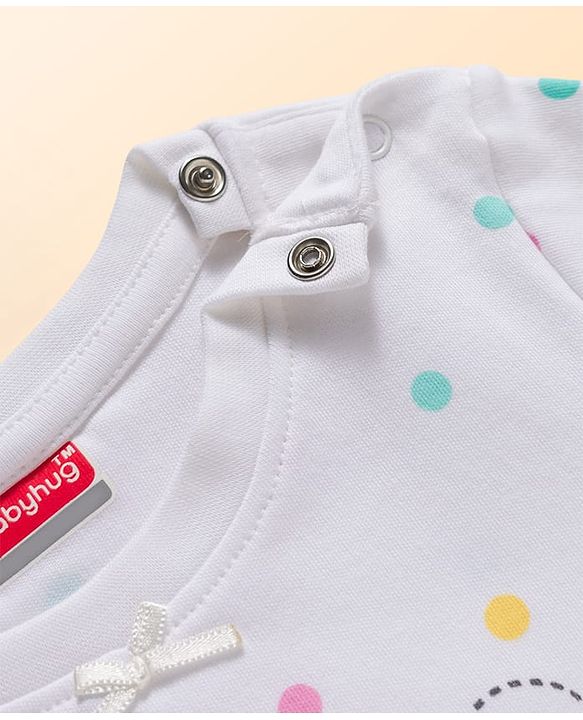 Babyhug Cotton Knit Full Sleeves Polka Dots Printed & Hearts Embroidered T-Shirt & Pyjama Night Suit - White & Pink