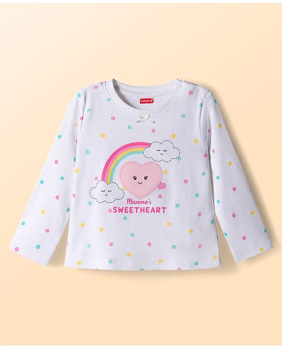 Babyhug Cotton Knit Full Sleeves Polka Dots Printed & Hearts Embroidered T-Shirt & Pyjama Night Suit - White & Pink