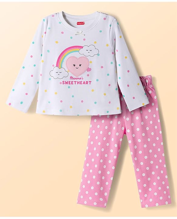 Babyhug Cotton Knit Full Sleeves Polka Dots Printed & Hearts Embroidered T-Shirt & Pyjama Night Suit - White & Pink