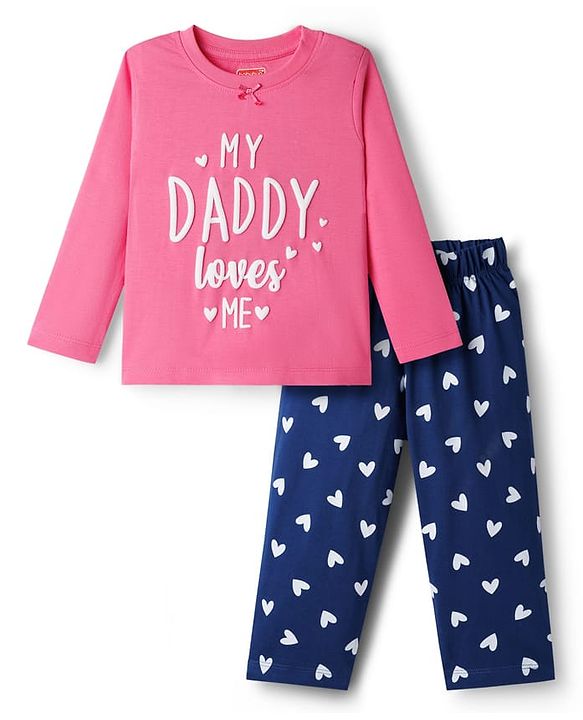 Babyhug Cotton Knit Full Sleeves Text & Hearts Printed T-Shirt & Pyjama Night Suit - Pink & Navy Blue