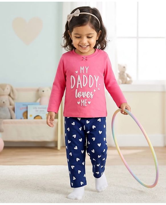 Babyhug Cotton Knit Full Sleeves Text & Hearts Printed T-Shirt & Pyjama Night Suit - Pink & Navy Blue
