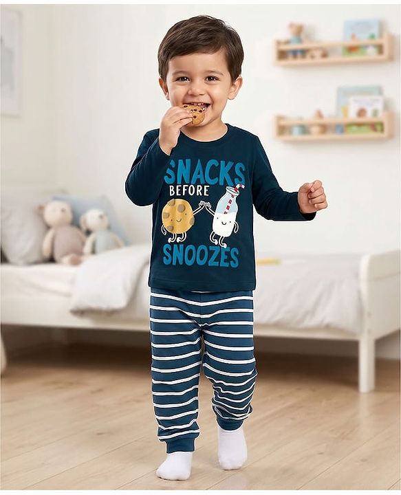 Babyhug Cotton Knit Full Sleeves T-Shirt & Pyjama Night Suit With Text Print - Navy Blue